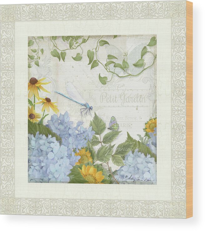 Le Petit Jardin Wood Print featuring the painting Le Petit Jardin 2 - Garden Floral W Dragonfly, Butterfly, Daisies And Blue Hydrangeas w Border by Audrey Jeanne Roberts