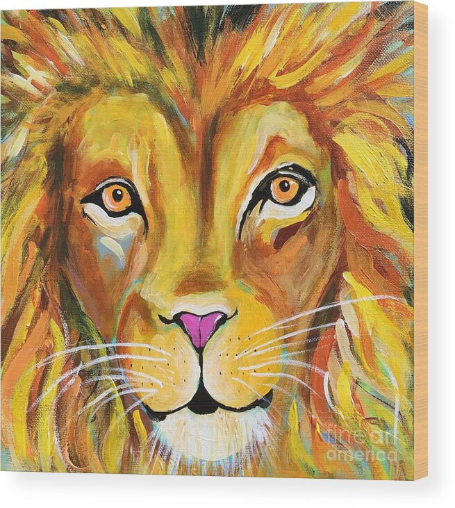 Lion Wood Print featuring the painting Lee the Lion by Kim Heil