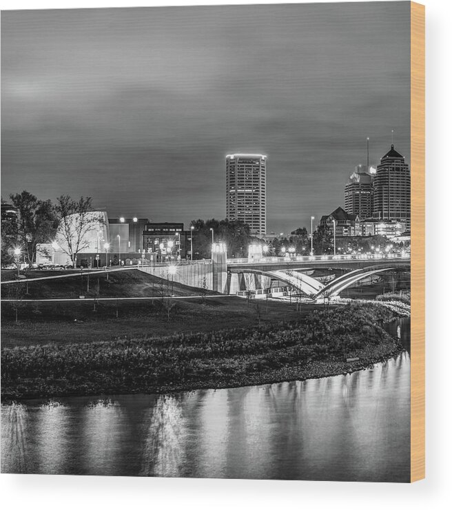 Columbus Skyline Wood Print featuring the photograph Left Panel 1 of 3 - Columbus Ohio Skyline at Night in Black and White by Gregory Ballos