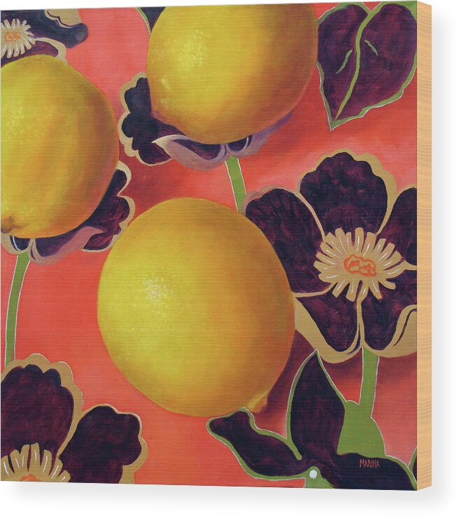 Still Life Wood Print featuring the painting Lemons On Persimmon by Marina Petro