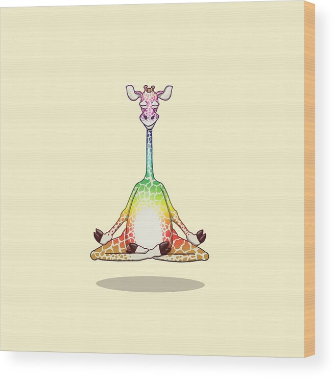 Giraffe Wood Print featuring the digital art Levitating Meditating Rainbow Giraffe by Laura Ostrowski