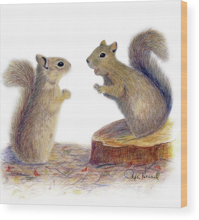 Squirrel Wood Print featuring the drawing Listening by Phyllis Howard