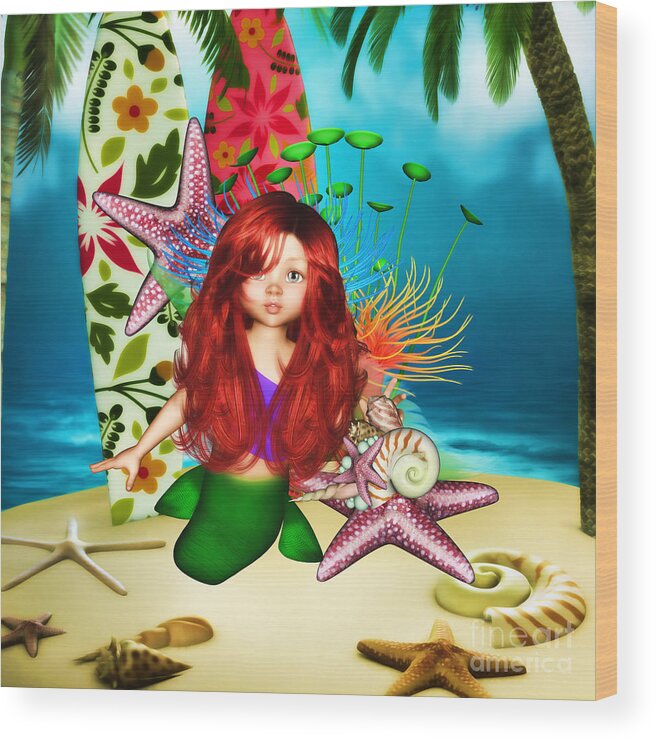 Little-mermaid-day-at-the-beach Wood Print featuring the mixed media Little mermaid day at the beach by Diane K Smith