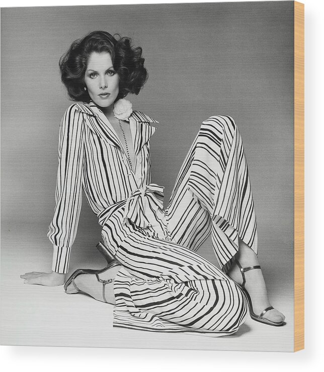 Accessories Wood Print featuring the photograph Lois Chiles Wearing A Striped Pajama And Blouse by Francesco Scavullo