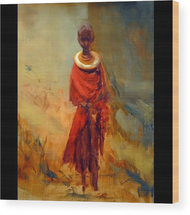 Figurative Wood Print featuring the painting Lone African Girl by Joyce Snyder