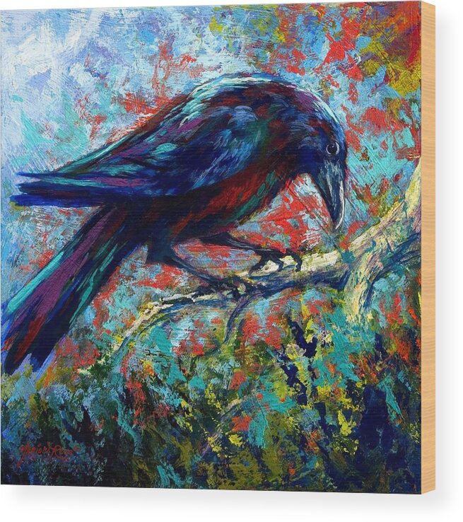 Crows Wood Print featuring the painting Lone Raven by Marion Rose