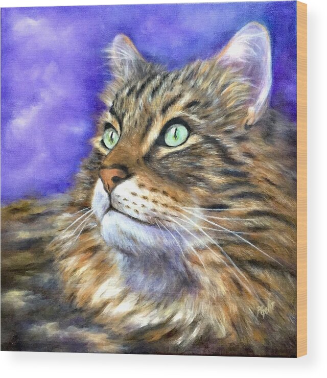 Maine Coon Cat Art Wood Print featuring the painting Looking to the Rainbow Bridge by Dr Pat Gehr