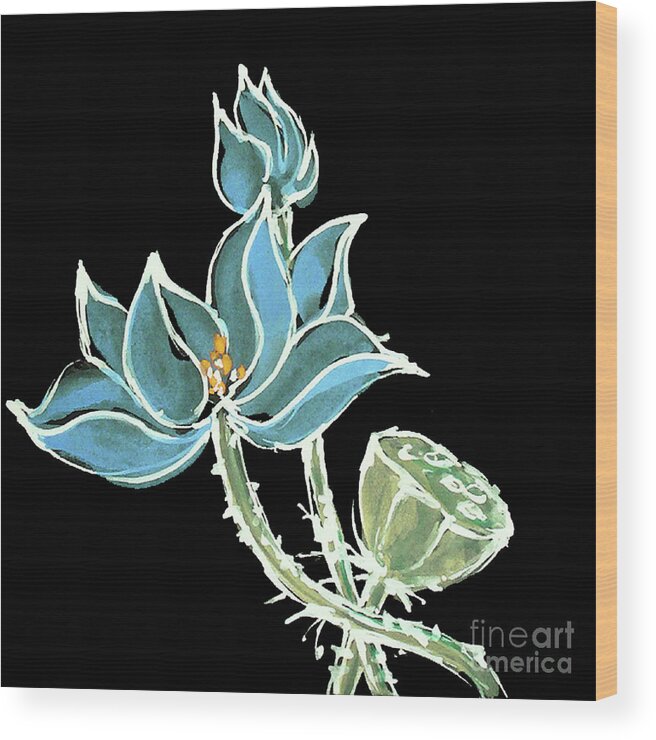 Original Watercolors Wood Print featuring the painting Lotus-Blue by Chris Paschke