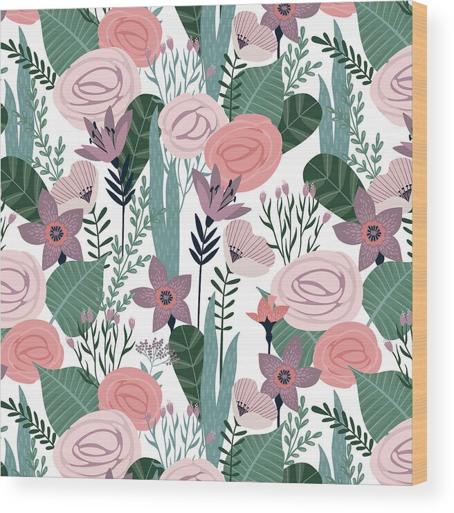 Pattern Wood Print featuring the painting Lovely Mid Century Rose Garden Flower Pattern by Little Bunny Sunshine