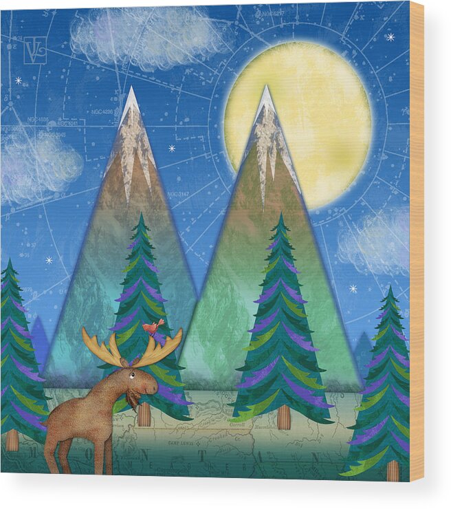 Letter M Wood Print featuring the digital art M is for Mountains and Moon by Valerie Drake Lesiak