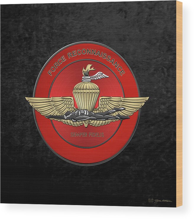 'military Insignia & Heraldry' Collection By Serge Averbukh Wood Print featuring the digital art Marine Force Reconnaissance - U S M C  F O R E C O N Insignia over Black Velvet by Serge Averbukh