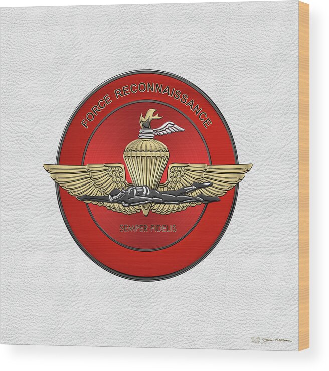 'military Insignia & Heraldry' Collection By Serge Averbukh Wood Print featuring the digital art Marine Force Reconnaissance - U S M C  F O R E C O N Insignia over White Leather by Serge Averbukh