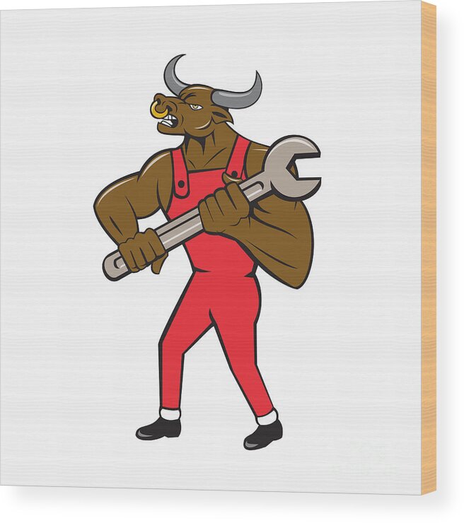 Minotaur Wood Print featuring the digital art Mechanic Minotaur Bull Spanner Isolated Cartoon by Aloysius Patrimonio