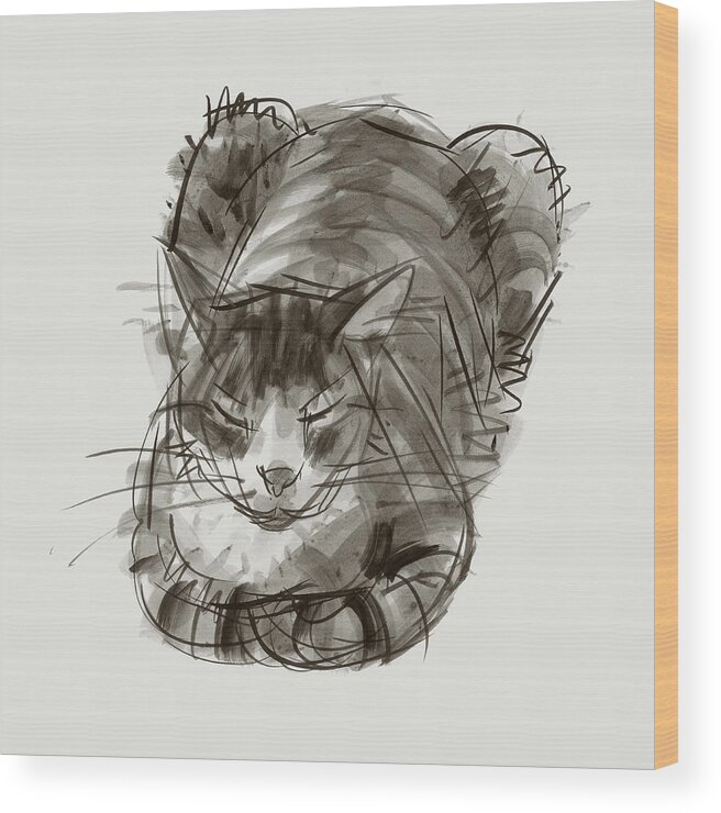 Cat Wood Print featuring the painting Meditating Cat by Judith Kunzle