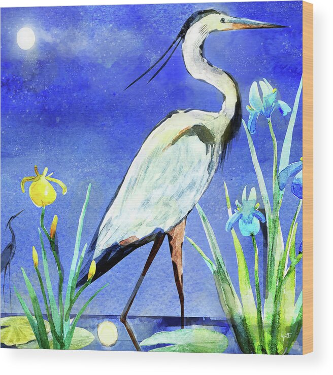 Heron Wood Print featuring the painting Moonlit Irises by Kimberly Potts