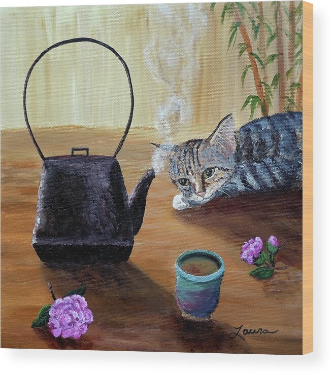 Zenbreeze Wood Print featuring the painting Morning Cup of Tea by Laura Iverson