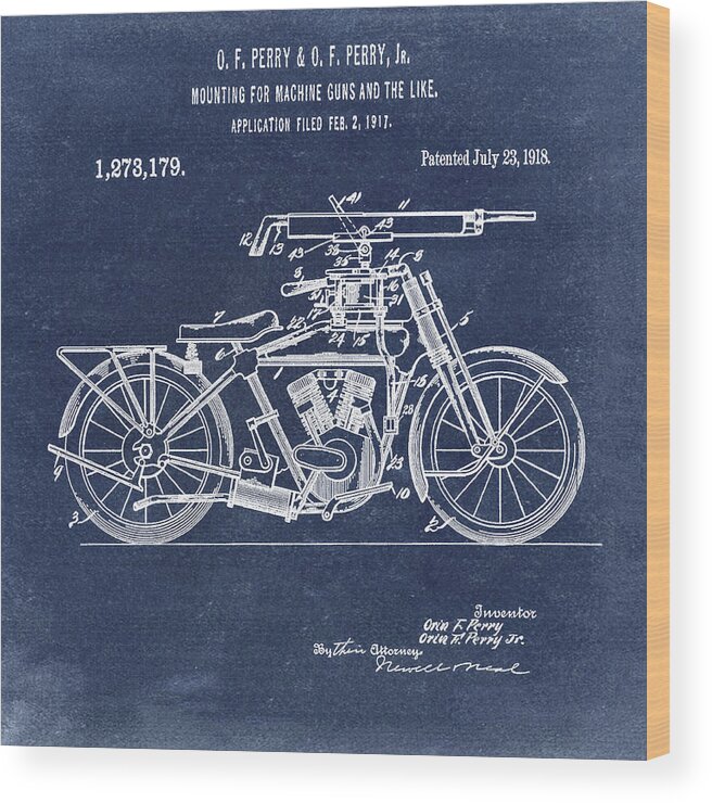 Motorcycle Wood Print featuring the digital art Motorcycle Machine Gun Patent 1918 in Blue by Bill Cannon