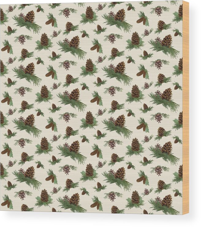 Pine Cones Wood Print featuring the painting Mountain Lodge Cabin in the Forest - Home Decor Pine Cones by Audrey Jeanne Roberts
