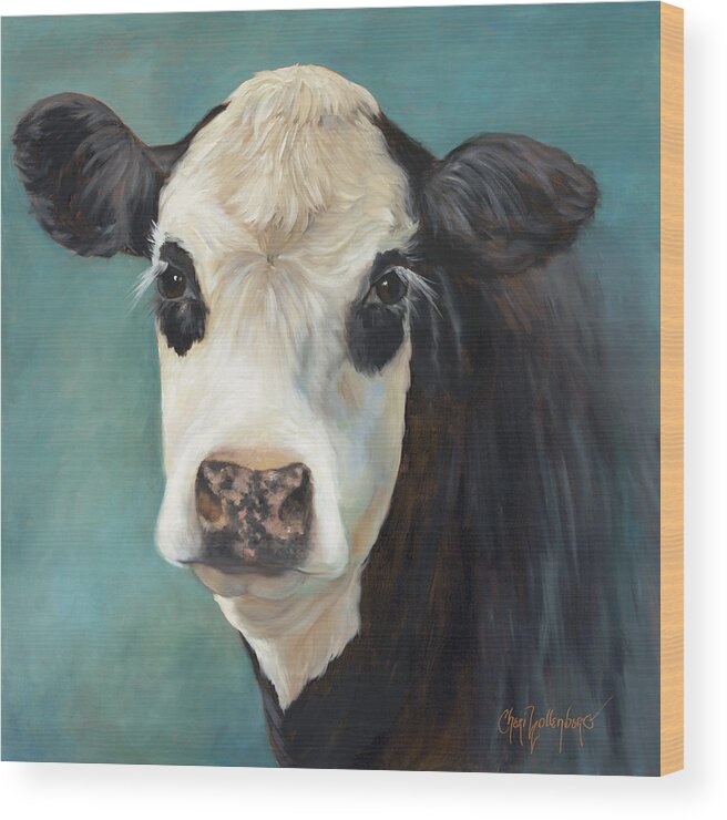 Black And White Cow Wood Print featuring the painting Ms Opal by Cheri Wollenberg