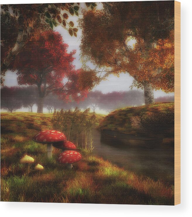 Autumn Wood Print featuring the painting Mushrooms and river by Jan Keteleer