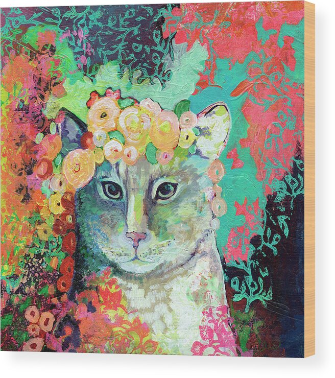 Cat Wood Print featuring the painting My Cat Naps in a Bed of Roses by Jennifer Lommers