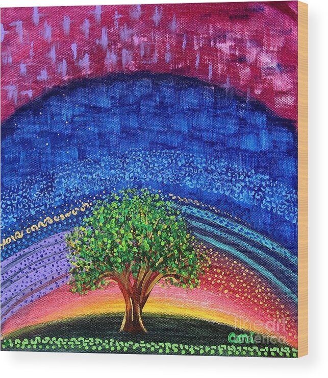 Tree Wood Print featuring the painting Tree at Nightfall by Corinne Carroll