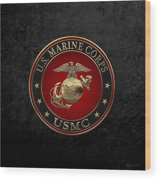 'usmc' Collection By Serge Averbukh Wood Print featuring the digital art N C O and Enlisted E G A Special Edition over Black Velvet by Serge Averbukh