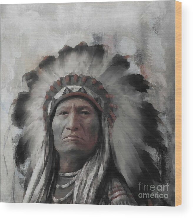 Native American Wood Print featuring the painting Native American art Black portrait by Gull G