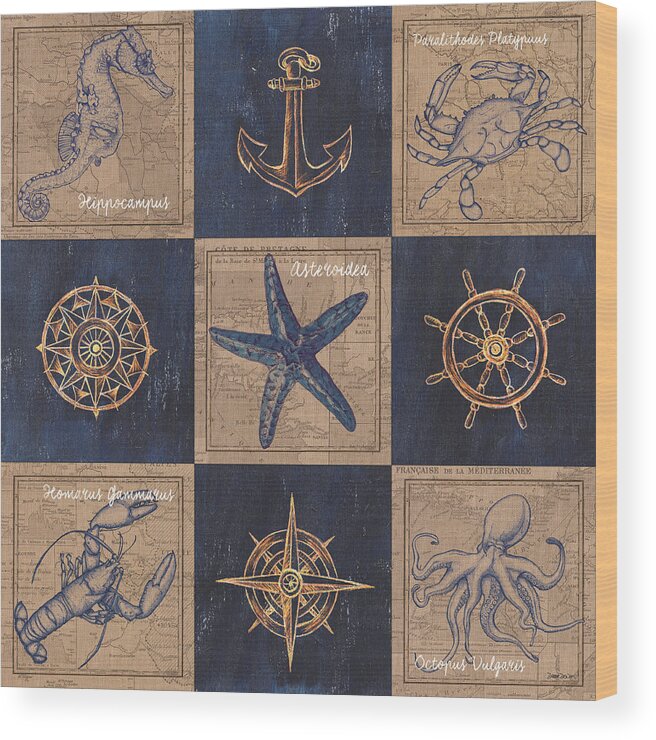 Seahorse Wood Print featuring the mixed media Nautical Burlap by Debbie DeWitt