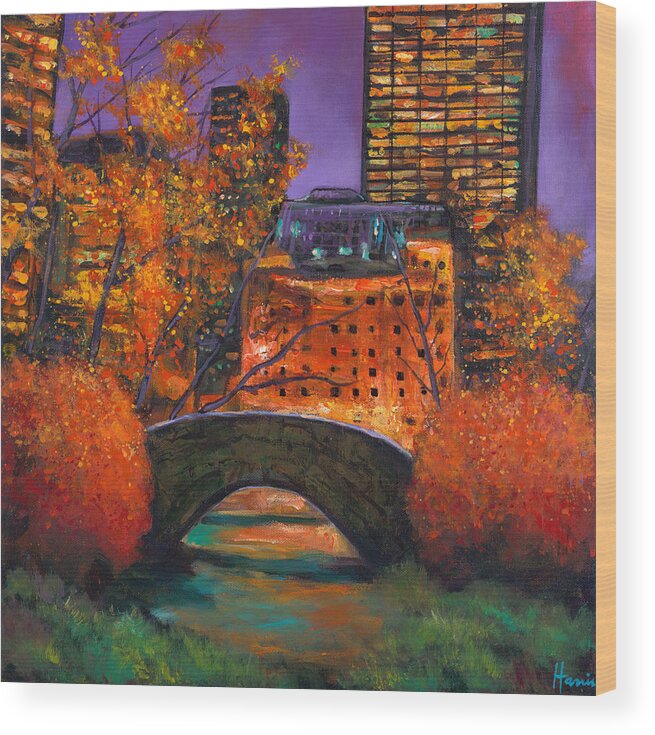 Gapstow Bridge Central Park Wood Print featuring the painting New York City Night Autumn by Johnathan Harris