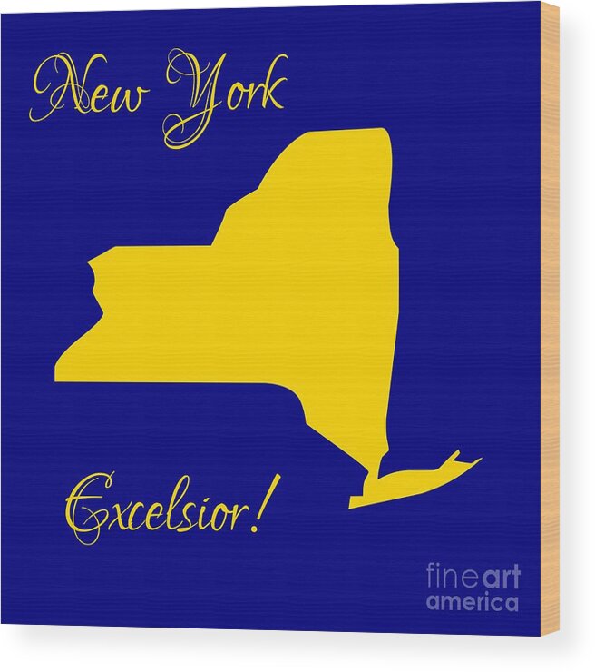 New York Map With State Colors And Motto Wood Print featuring the digital art New York Map in State Colors Blue and Gold with State Motto Excelsior by Rose Santuci-Sofranko
