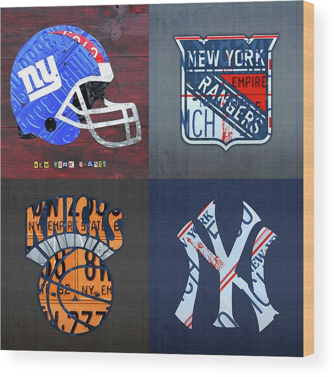 New York Wood Print featuring the mixed media New York Sports Team License Plate Art Giants Rangers Knicks Yankees by Design Turnpike