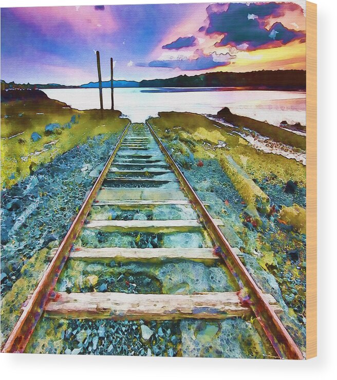 Old Broken Railway Track Watercolor Wood Print By Marian Voicu