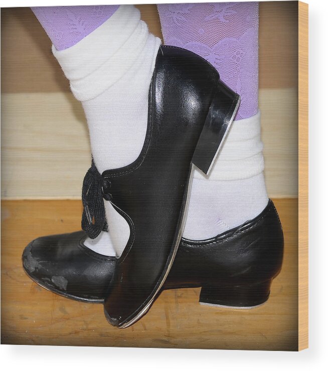 Black Wood Print featuring the photograph Old Tap Dance Shoes With White Socks And Wooden Floor by Pedro Cardona Llambias