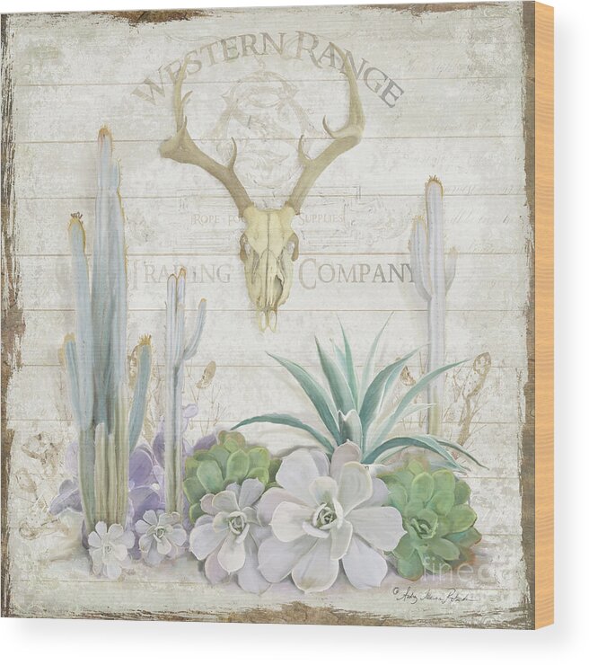 Deer Skull Wood Print featuring the painting Old West Cactus Garden w Deer Skull n Succulents over Wood by Audrey Jeanne Roberts