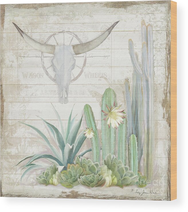 Longhorn Cow Skull Wood Print featuring the painting Old West Cactus Garden w Longhorn Cow Skull n Succulents over Wood by Audrey Jeanne Roberts
