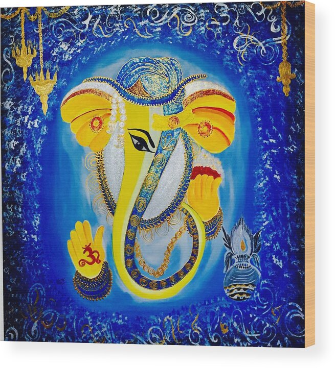 Blue Abstract Wood Print featuring the painting OM by Ritu Kumar