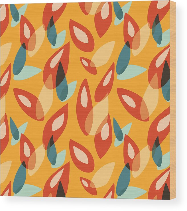 Geometric Wood Print featuring the digital art Orange Blue Yellow Abstract Autumn Leaves Pattern by Boriana Giormova