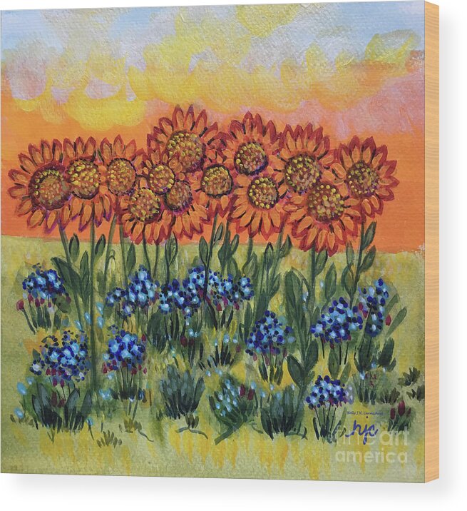 Sunset Wood Print featuring the painting Orange Sunset Flowers by Holly Carmichael