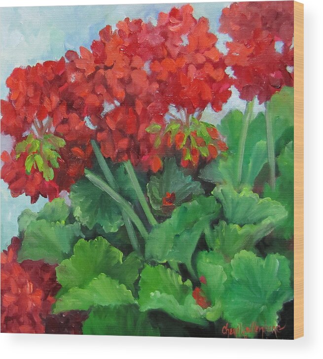 Geraniums Wood Print featuring the painting Painting of Red Geraniums by Cheri Wollenberg
