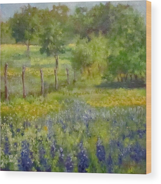 Landscape Painting Wood Print featuring the painting Painting of Texas Bluebonnets by Cheri Wollenberg
