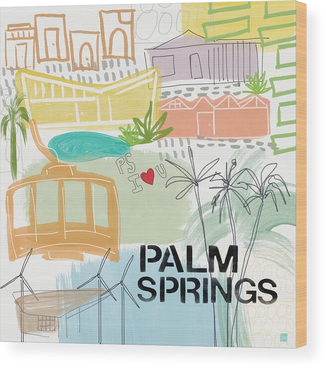 Palm Springs California Wood Print featuring the painting Palm Springs Cityscape- Art by Linda Woods by Linda Woods