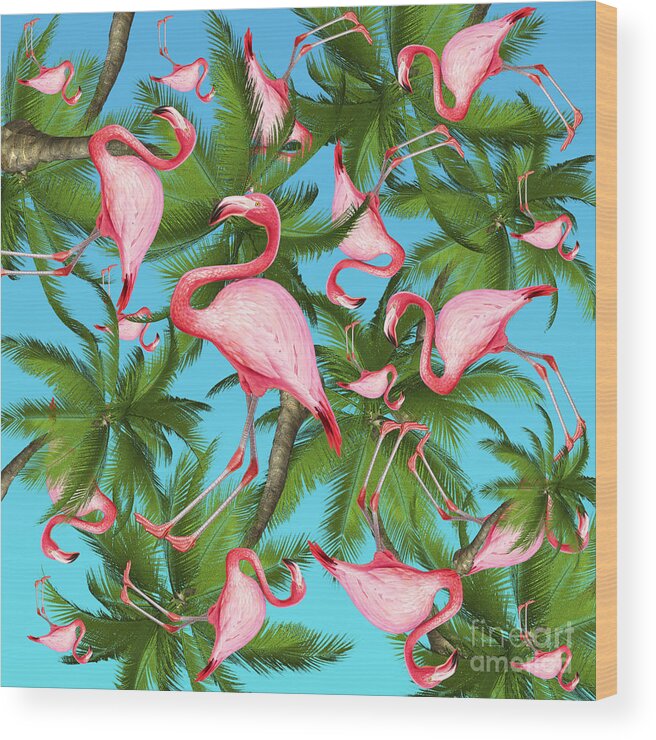  Summer Wood Print featuring the digital art Palm tree and flamingos by Mark Ashkenazi