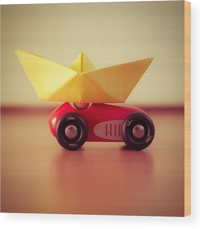 Paperboat Toycar Red Wood Print featuring the photograph Paper Boat Toy Car by Janine Pauke