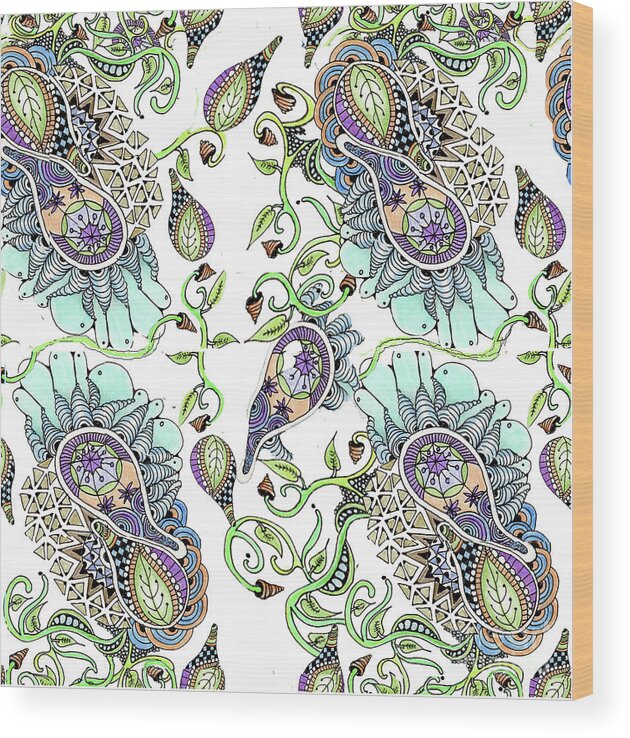 Fabric Patterns Pen And Ink Leaves Zentangles Doodles Purple And Blue Wood Print featuring the tapestry - textile Parameecee by Ruth Dailey