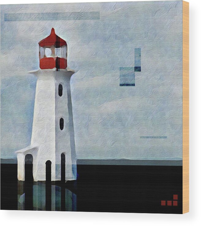 Peggys Cove Wood Print featuring the mixed media Peggys Cove Lighthouse Painterly Look by Carol Leigh