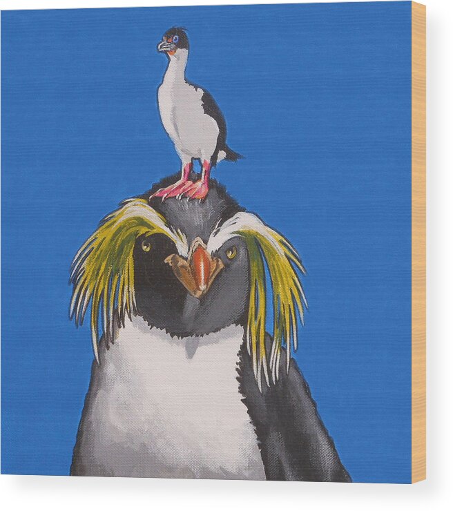 Penguin And Bird Wood Print featuring the painting Percy the Penguin by Sharon Cromwell