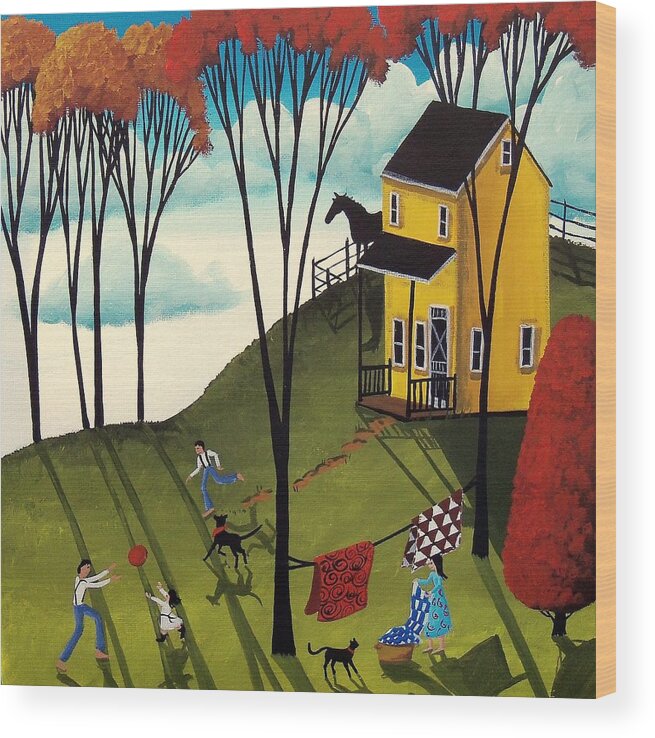 Art Wood Print featuring the painting Perfect Day - folk art country landscape by Debbie Criswell