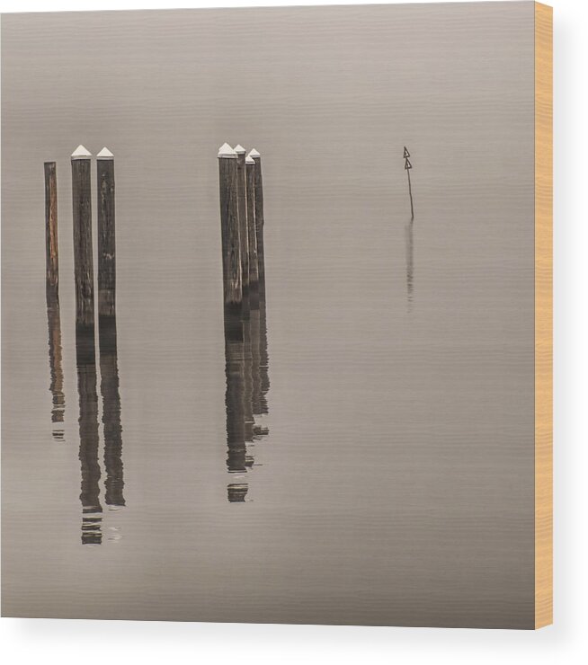Pilings Wood Print featuring the photograph Reflections In The Fog by Gary Slawsky