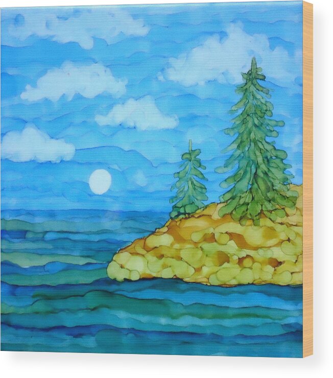Pine Trees Wood Print featuring the painting Pine Tree Moon and Water Painting by Laurie Anderson